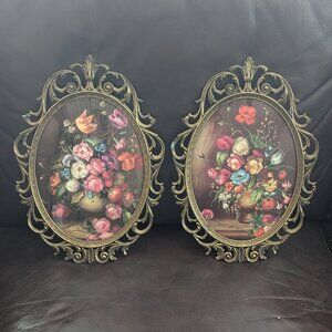 Vintage Brass Framed Domed Glass Floral Pictures